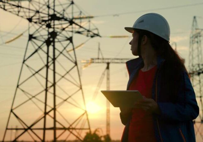 A woman power engineer in a safety helmet checks the power line using a digital tablet. Electricity company employee woman working outdoors, servicing high voltage electrical lines at sunset A woman power engineer in a safety helmet checks the power line using a digital tablet. Electricity company employee woman working outdoors, servicing high voltage electrical lines at sunset