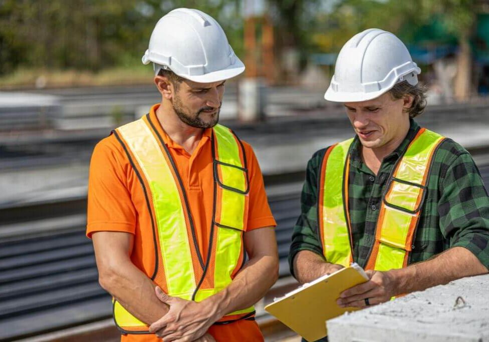 construction-worker-training-blueprints-safety vest Two men in hard hats looking at papers on site
